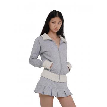 SweetChilling 울 니트 패치워크 스웨트셔츠 지퍼 가디건 쇼트 후드/롱 라펠