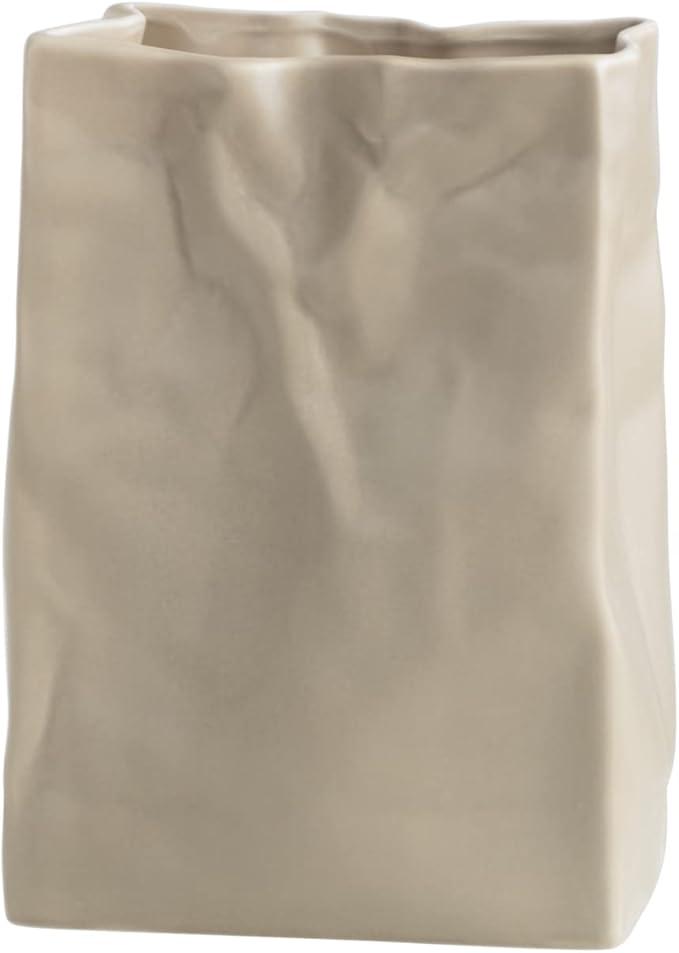 Crinkle Paper Bag Shape Ceramic Vase, Large Capacity for Flower Arrangement, Bookshelf Decorative (Coconut Café)