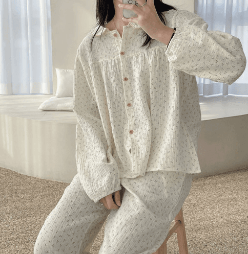 라운드 잔꽃 봄 가을 순면 긴팔 잠옷 세트 빅사이즈 파자마
