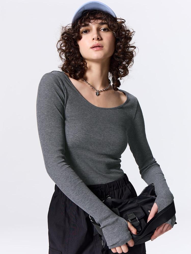 ストレッチリブUネックT(12分袖)(ウォーム)