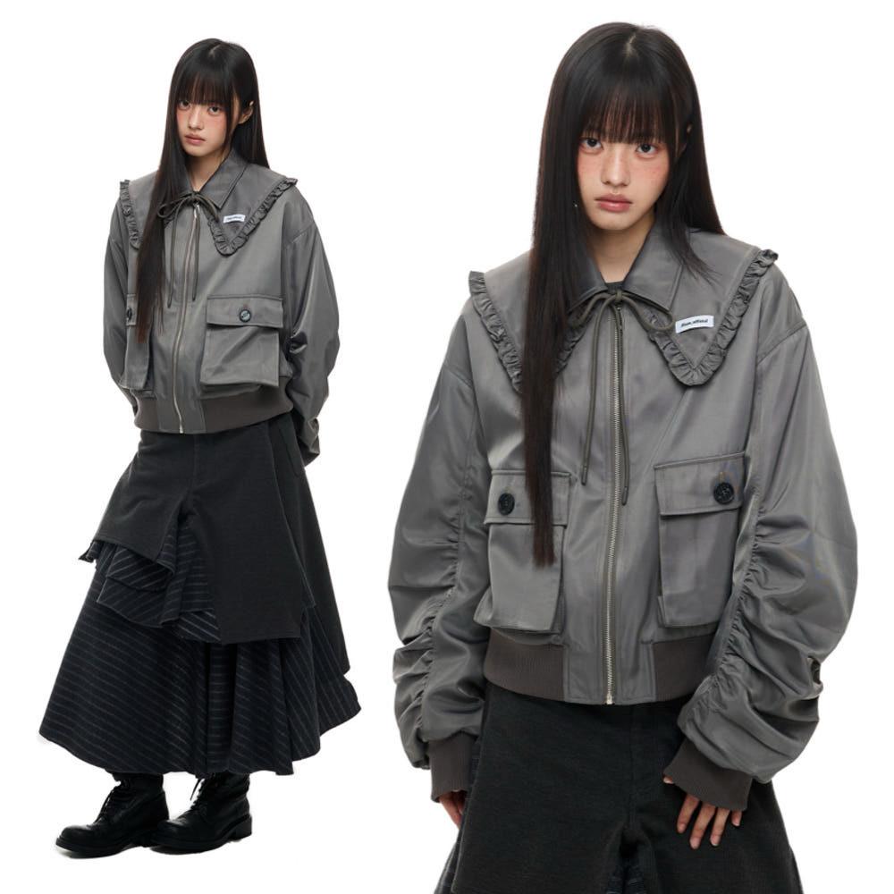 JIKOO 자켓 러플 탈부착 인형 칼라 숄 코튼 재킷 플리츠 퀼팅 재킷