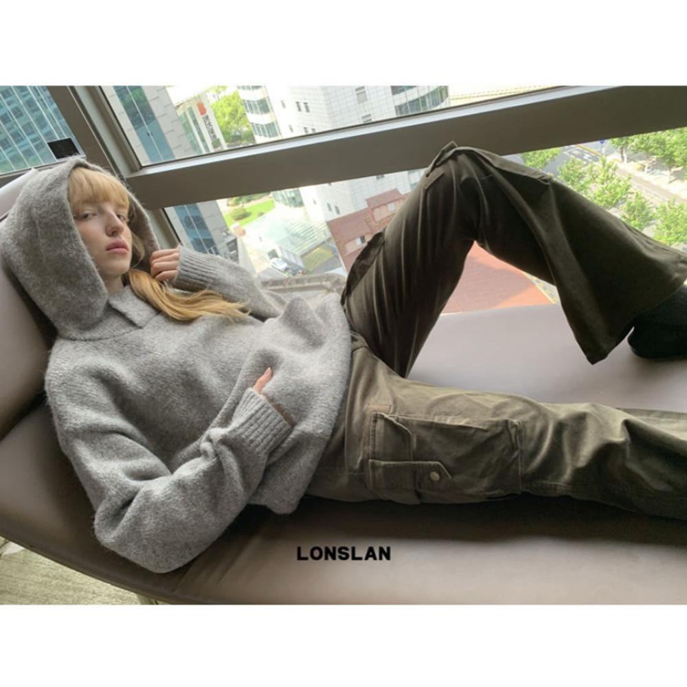 LONSLAN 니트 스웨터 포켓 루즈핏 후드 스웨터 3COLOR