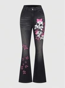 ROMWE Kawaii Skull And Star Pattern Flared Jeans, School
