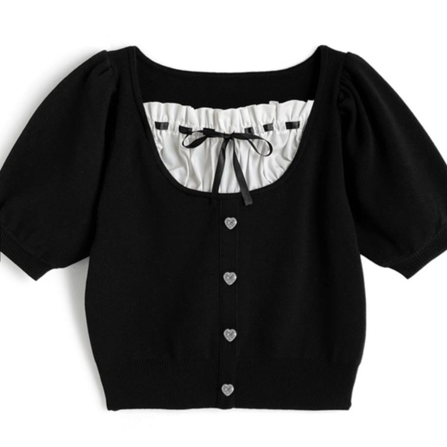 ハートボタンレイヤード風リボンニットトップス[mb1613]