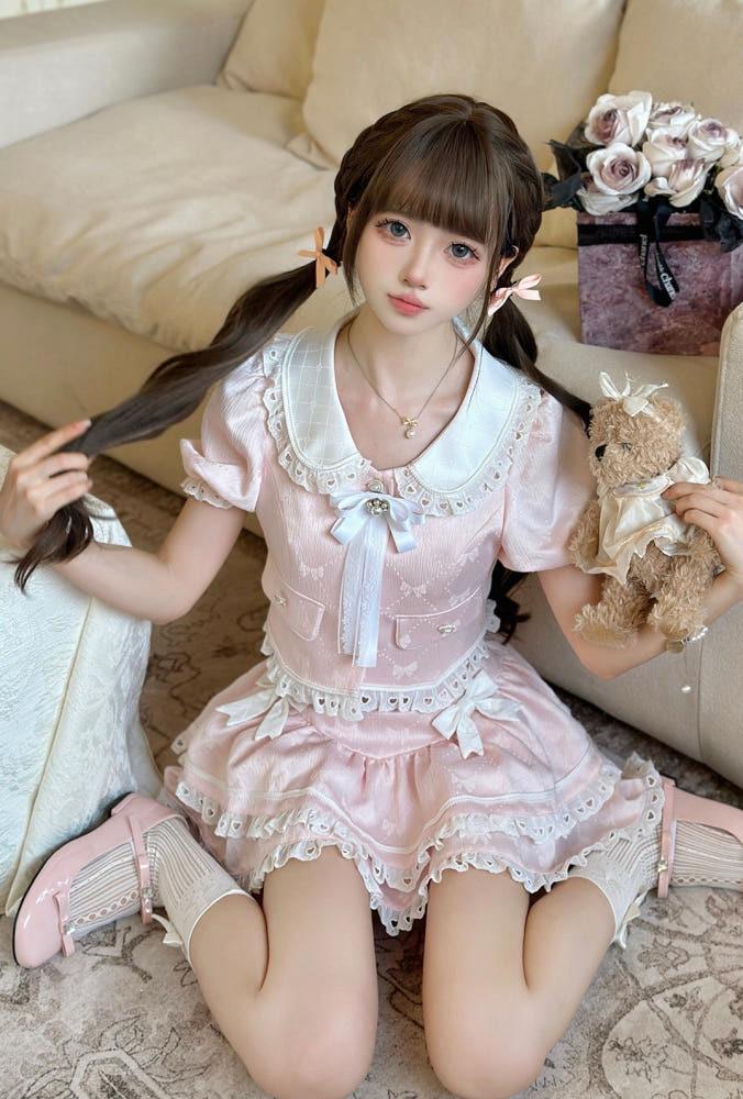 슬림핏 핑크 반팔 크롭 재킷 + 케이크 스커트 투피스 코디세트