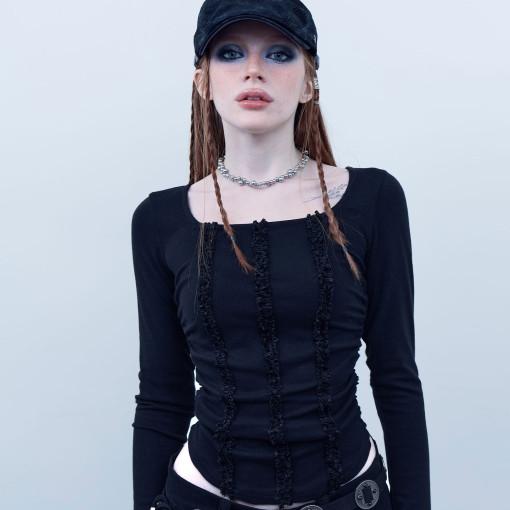 [2nd order] Black Rosy Square Neck Top [Black]