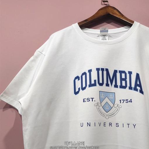 컬럼비아대학교 로고 레터링 반팔티셔츠 순면 여름 면티 라운드넥 데일리 화이트
