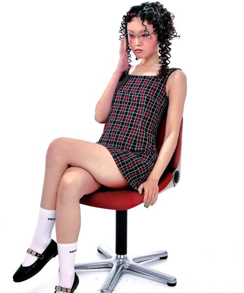 CHECK SLEVELESS DRESS NAVY