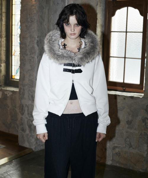 Buckle Strap Fur Hood Zip-Up (IVORY)