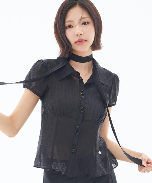 플레어 퍼프 블라우스 블랙