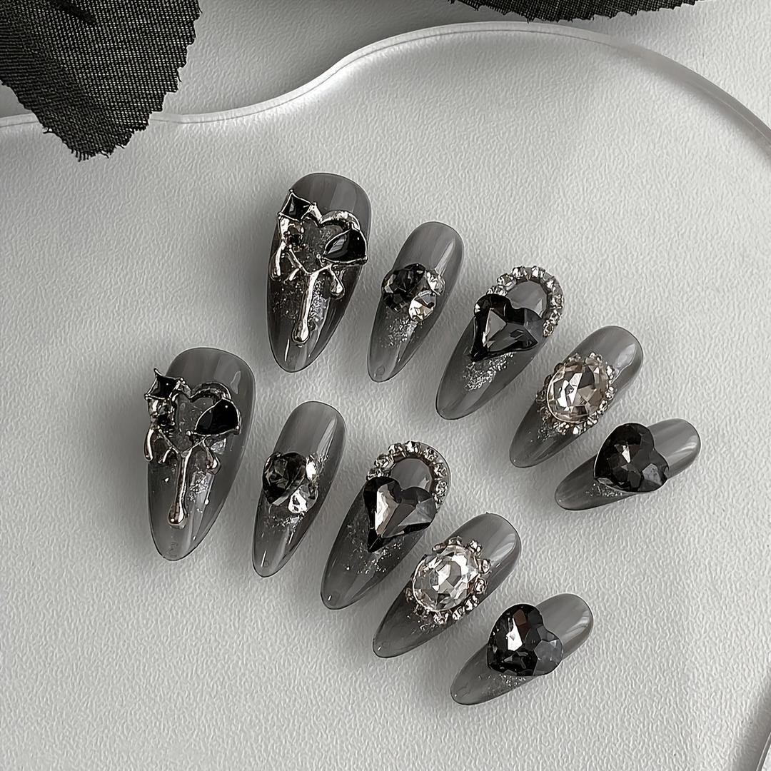 고딕 블랙 프레스 온 네일 아트 핸드메이드 풀 라인 스톤 아몬드 모양 매트 마감 여성용 패션 네일 팁 일상  - Temu Republic of Korea