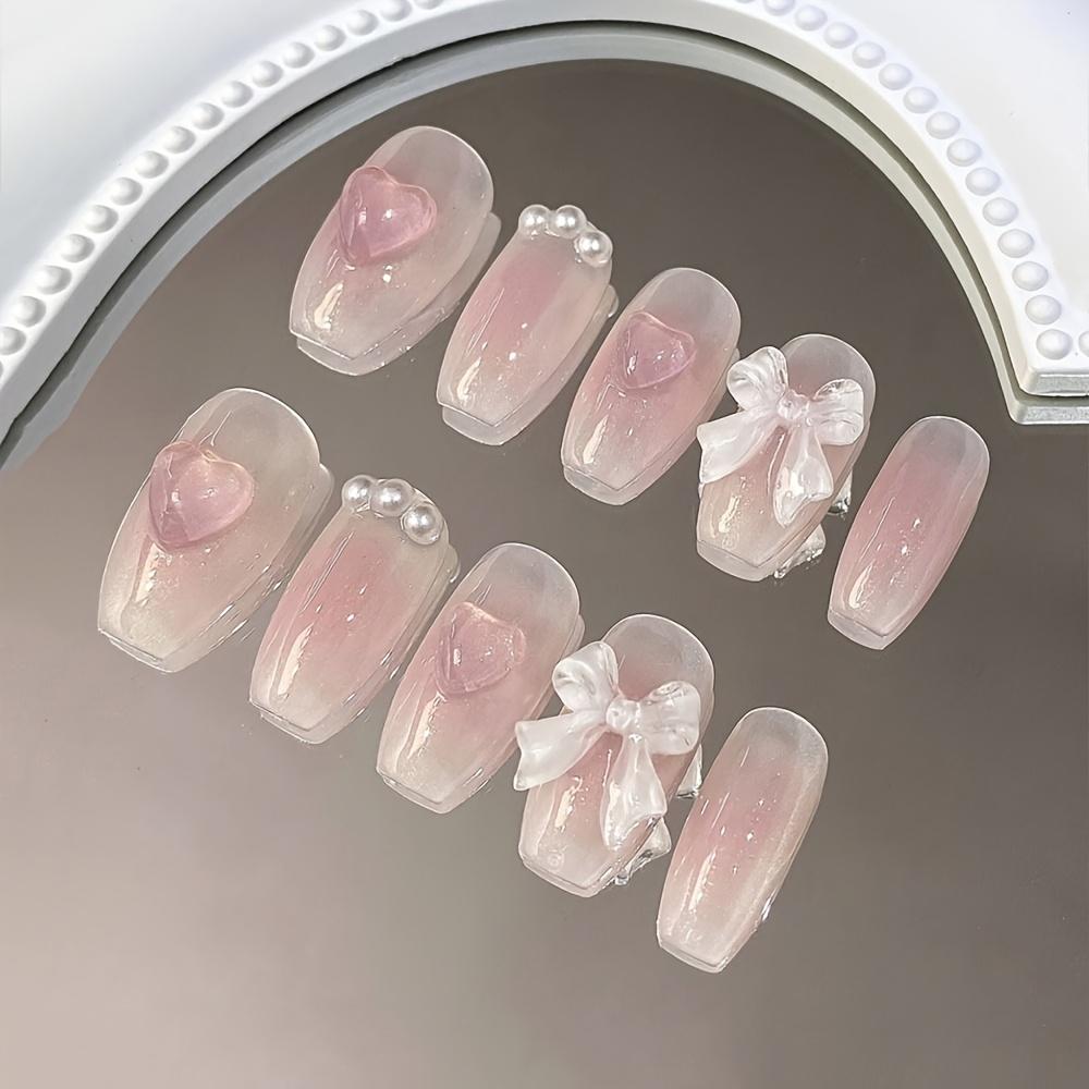 10pcs 핑크 트라펠로이드 프레스 온 네일 세트 하트   보 디자인 광택 있는 마감 짧은 길이 분리  - Temu Republic of Korea