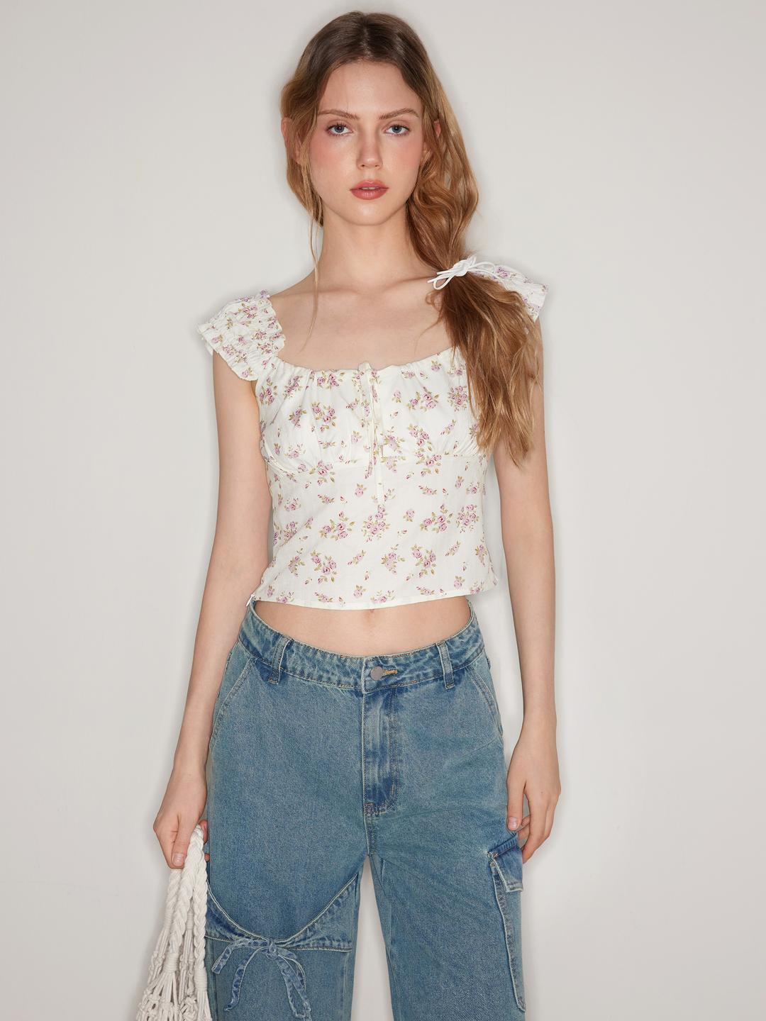 Ditsy Floral Knotted Lettuce Trim Crop Tank Top