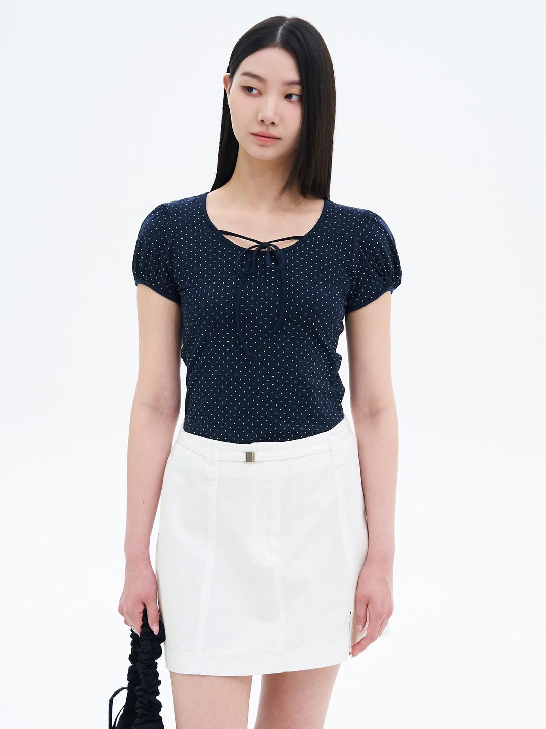 도트 패턴 퍼프 소매 티셔츠 - 네이비