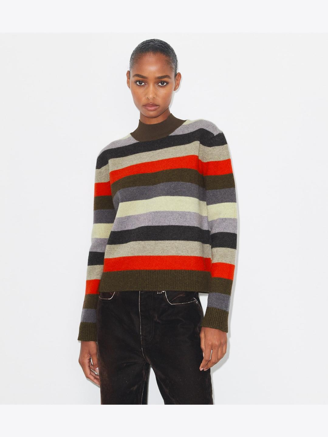 Wool Turtleneck Sweater - Red Wide Stripe