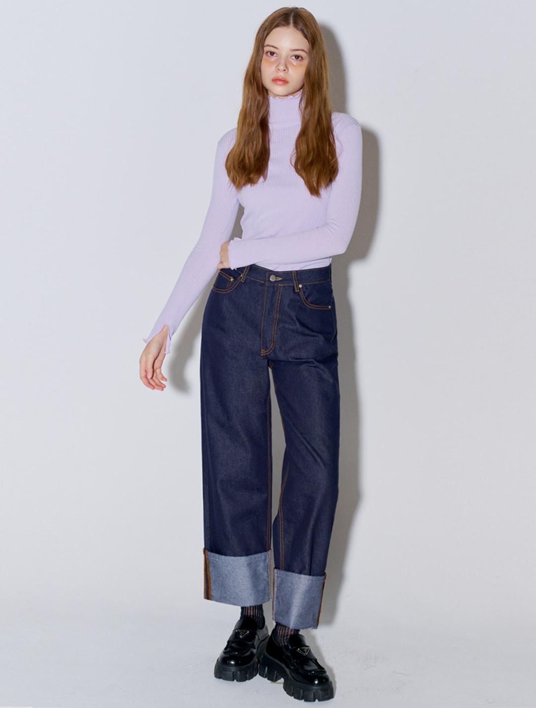 Roll-up raw denim pants_Dark Indigo