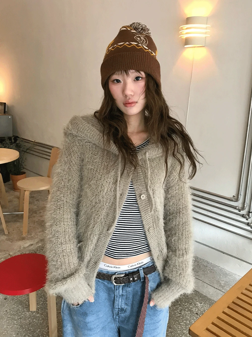 윈터 헤어리 퍼 후드 가디건 jk