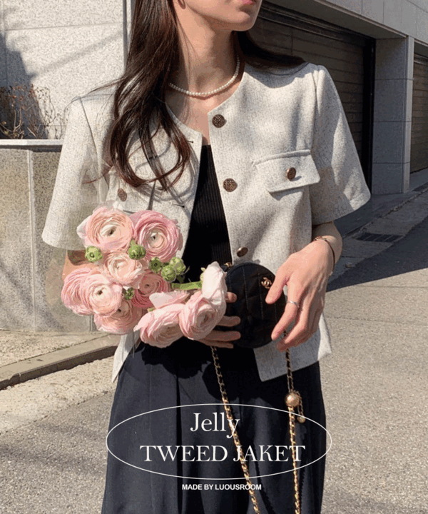 젤리 봄 여름 골드버튼 숏 트위드 숏 자켓
