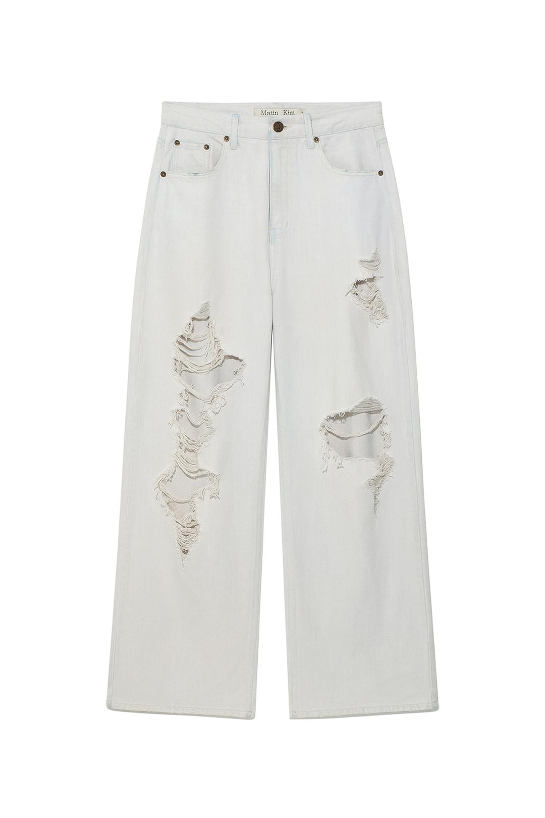 DAMAGE POINT WASHED WIDE DENIM PANTS IN LIGHT GREY