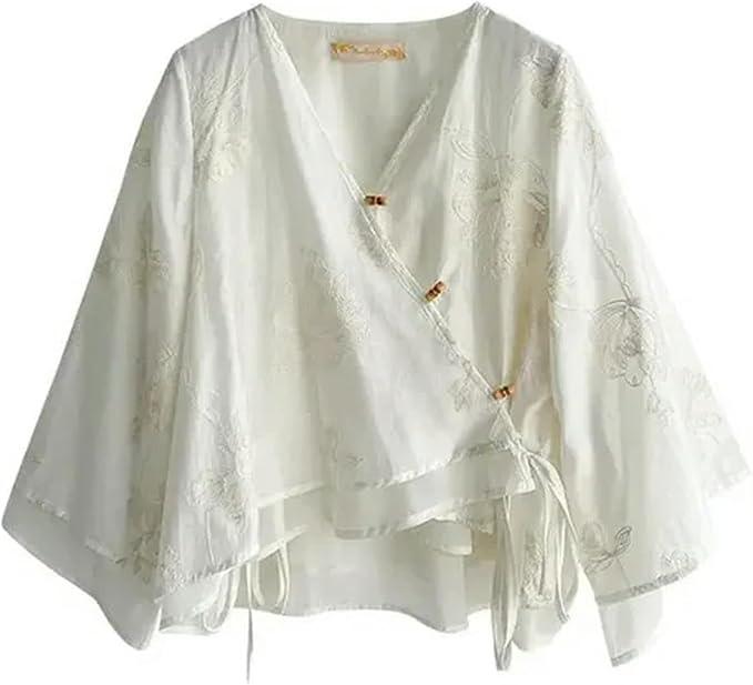Chinese Traditional Costume White Floral Embroidery V Neck Loose Top Apricot Light Wide Leg Pant