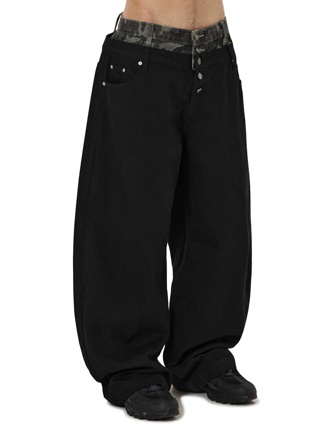 LAYERED WAIST WIDE VOLUME PANTS - BLACK