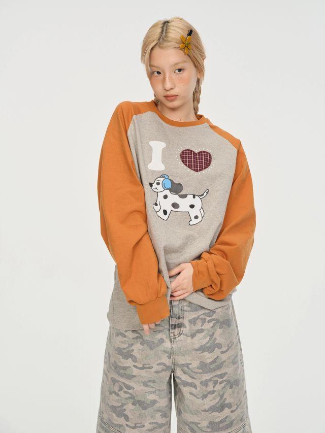 [ODD MAKER] Dog Print Color Block Long Sleeve T-shirt