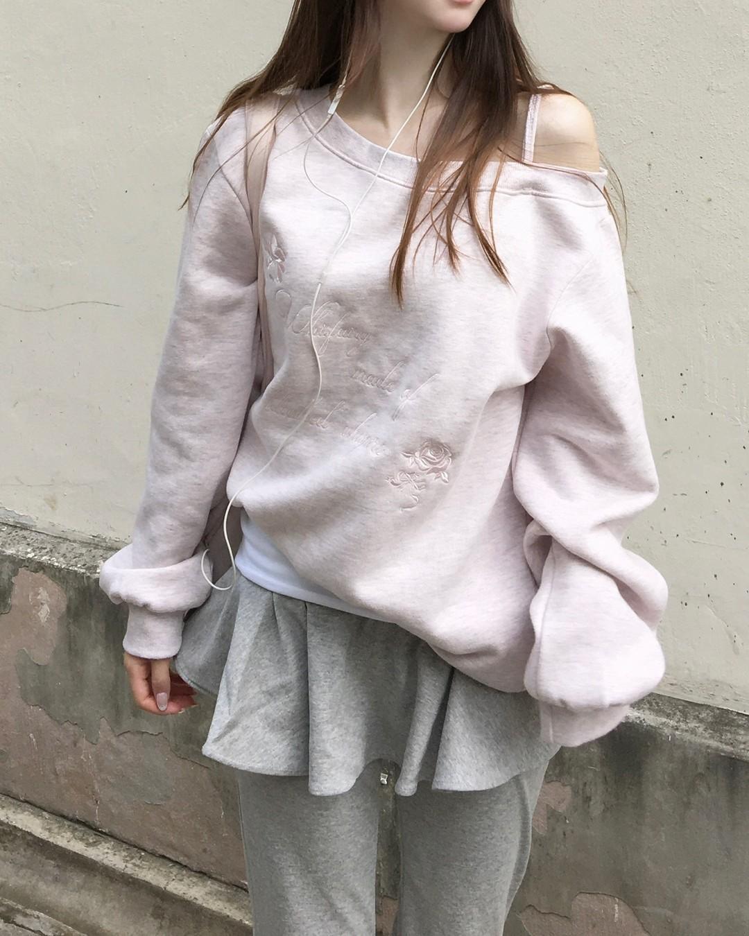 Winter Rose One-Shoulder Sweatshirt - MELANGE PINK