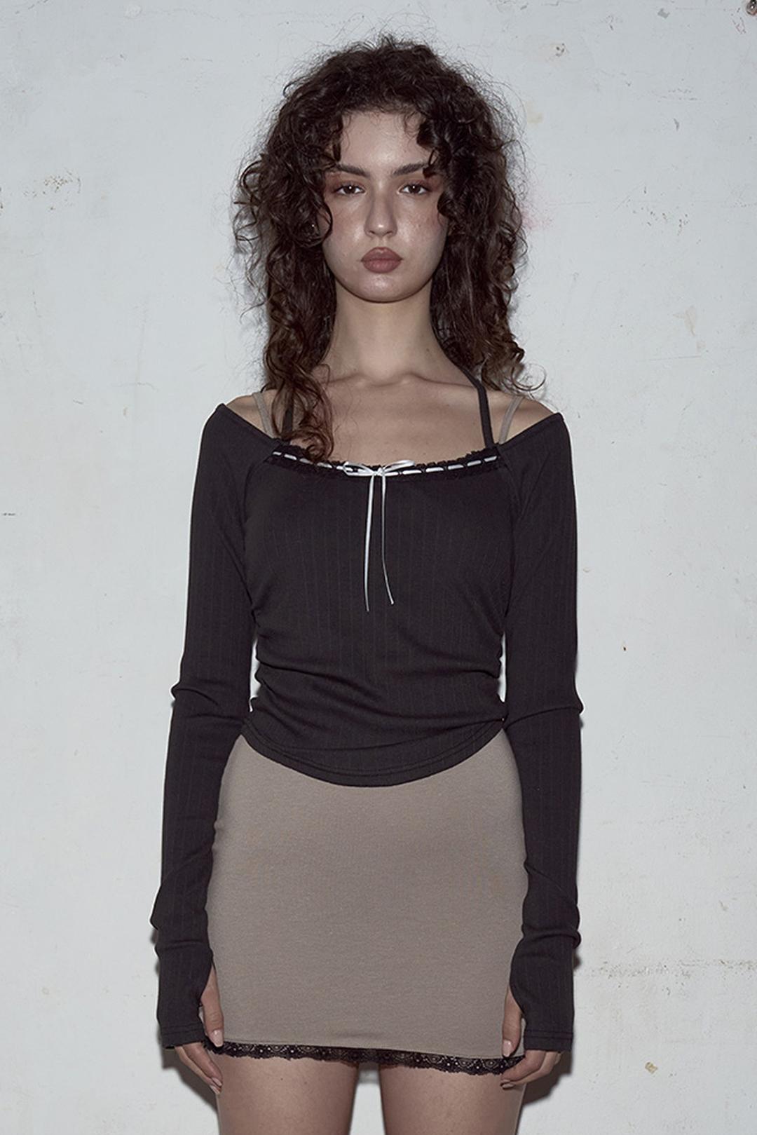 Juni Lace Shirring Halter Top (Black)