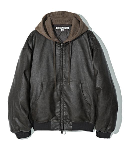 레이어드 후드 레더 퀄티드 자켓 브라운